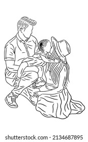 Family With Love Happy Wife and Husband With Baby and Child Line Art illustration