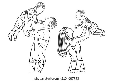 Family With Love Happy Wife and Husband With Baby and Child Line Art illustration