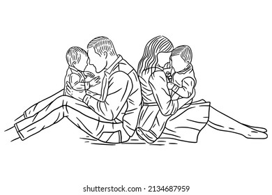 Family With Love Happy Wife and Husband With Baby and Child Line Art illustration