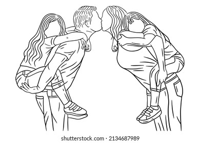 Family With Love Happy Wife and Husband With Baby and Child Line Art illustration