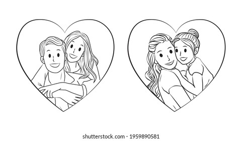 Family love heart frame line vector illustration