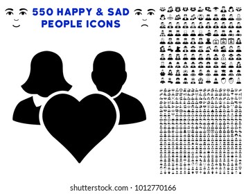 Family Love Heart icon with 550 bonus pity and glad jobs design elements. Vector illustration style is flat black iconic symbols.