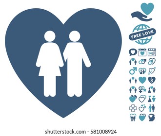 Family Love Heart pictograph with bonus amour icon set. Vector illustration style is flat iconic cyan and blue symbols on white background.