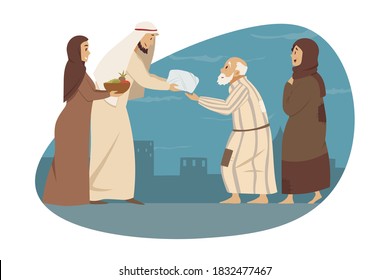 Family, love, holiday, islam, Eid al Fitr concept. Young man woman brother sister muslims give gifts presents to parents arab granny grandfather. Mothers day fathers day islamic Ramadan celebration.