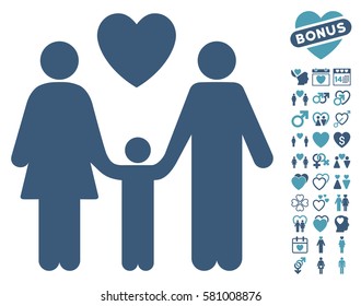 Family Love icon with bonus love images. Vector illustration style is flat iconic cyan and blue symbols on white background.