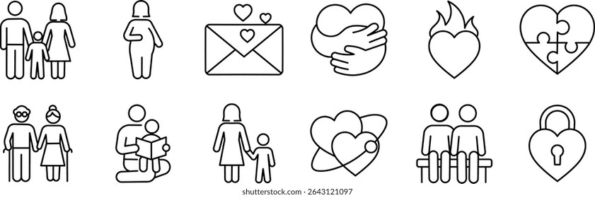 Family and Love Line Icon Set – Editable Stroke Symbols of Parenthood and Bonding.