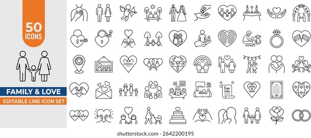 Family and Love Line Icons Set – traditional and lgbtq couple, family members, symbols of love, and more. Editable Stroke. Vector illustration