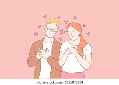 Family, love, relationship concept. Young merry couple has tender sweet relationship. Girlfriend loves her lovely boyfriend very much. All happy families start from huge love. Simple flat vector