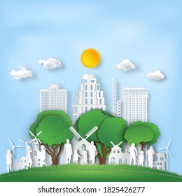 The family love and relax in the morning city on summer, fresh air in the park on the green park as nature, healthy, paper art and craft style concept. vector illustration