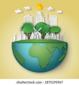 The family love and relax in the morning city on summer, fresh air in the park on the world as nature, healthy, paper art and craft style concept. vector illustration