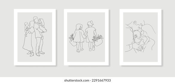 Family love set line art drawing on beige background. Happy family minimal design for wedding card template. Vector illustration