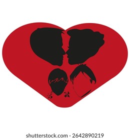 Family love silhouette. Parent child icon. Heart background shape. Vector emotional symbol.
