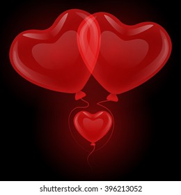 Family love soaring red gel balloons in the shape of a heart consisting of two large balloons-adults and one small child-balloon on a black background.