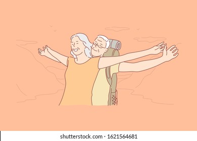 Family, love, vacation, hike concept. Happy active family is on vacation and is hiking in mountains. Merry husband and gladful wife love each other so much, enjoying amazing views. Simple flat vector