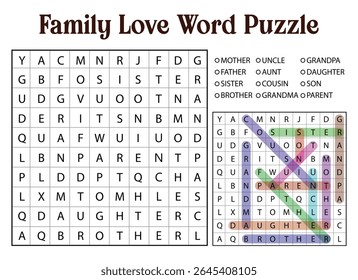 Quebra-cabeça de palavras de amor de família com palavras destacadas como mãe, irmã, filha, irmão, pai e outros membros da família.