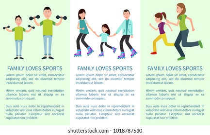 Family loves to learn and sports bright banners with active parents and their kids, sport exercises, roller skating, text sample, vector illustration
