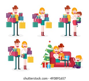 Family Loves Shopping Together. Christmas Time. Isolated Flat Vector Illustration.