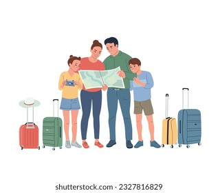 Family with luggage are planning vacation and studying the map for the journey. Vector cartoon flat style illustration