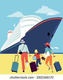 Family with luggage running to a cruise ship, EPS 8 vector illustration