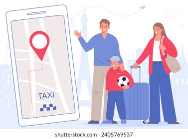 Family with luggage, traveling in France.  Large smartphone with mobile navigation app. People using the app to order car. 