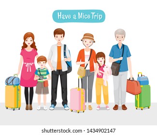 Family With Luggages Standing For Travel Together, Voyage, Vacationing