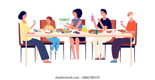 Family lunch. Happy people eating together, festive Christmas or Thanksgiving dinner. Diverse generations, man woman child celebrating vector illustration