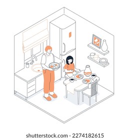 Family lunch in the kitchen - modern line design style isometric illustration on white background. Composition with man and a woman with self cooked dishes who are about to sit down at the table