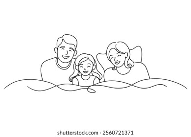 Family lying down on bed together Continuous line art flat vector illustration