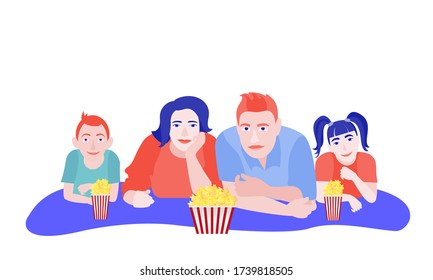 Family is lying and eating popcorn. Flat vector illustration on white background