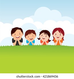 Family lying on the grass. Vector illustration of joyful family having fun outdoors, lying down on green grass to enjoy nature.