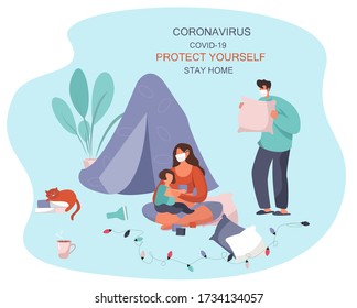 Family Made Blanket Fortress in Pajamas.Home Hovel.Pajama party.Pillow Fight.Tent at Home with Pillows For Children and Family.Time at Home During Quarantine.Flat Vector Illustration
