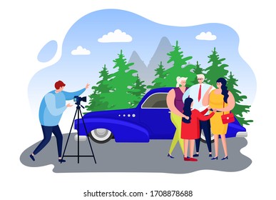 Family make outdoor photo, professional photographer take shot amicable family, nation park background, isolated on white, flat vector illustration. Luxury car, father and mother hug daughter.
