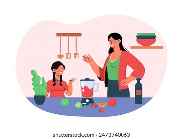 Family make smoothies. Mother and daughter stand by blender with vegetables and fruits. Natural and organic product, diet with vitamins. Cartoon flat vector illustration isolated on white background