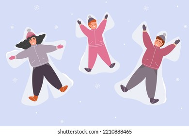 The family make a snow angel, wallow in the snow. Fun winter entertainment. Mom, Dad, baby in warm clothes outside. Vector graphics.