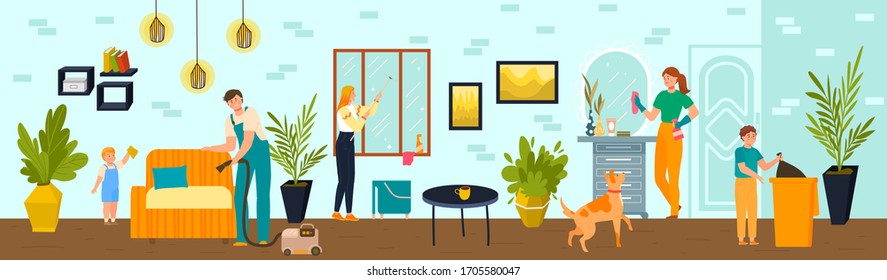 Family make spring cleaning at home together, vector illustration. Housework with kids and parents, quarantine house disinfection. Characters wash window, collect dust, throw out garbage.