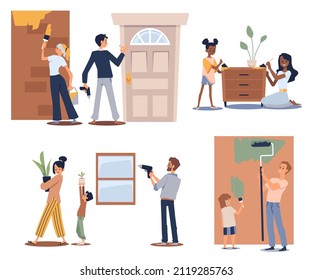 Family makes repairs in house or apartment. Set of cartoon characters who paint walls with brushes, rollers, redecorate furniture, renovate interior in flat vector illustrations isolated on white