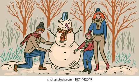 The family makes a snowman for Christmas. Mom Dad baby in the winter snowy forest. Cozy atmosphere. People in warm sweaters. Hand drawn sketch. Vintage engraved illustration