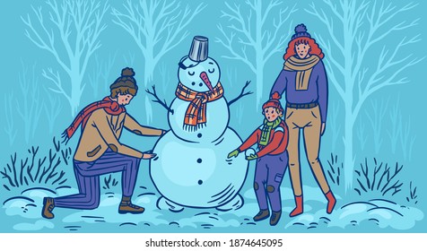 The family makes a snowman for Christmas. Mom Dad baby in the winter snowy forest. Cozy atmosphere. People in warm sweaters. Hand drawn sketch. Vintage engraved illustration