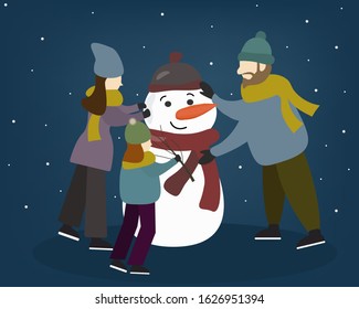 Family makes a snowman. Vector.