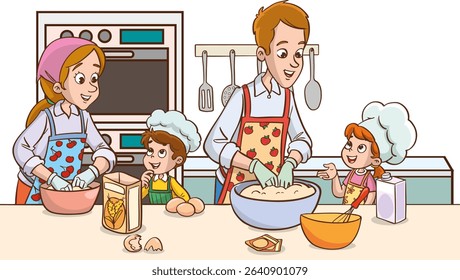 Family making cake or bread in the kitchen vector illustration