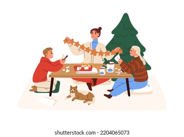 Family making DIY decoration for Christmas tree. Happy mother and children with handmade decor for winter Xmas, New Year holiday at home. Flat graphic vector illustration isolated on white background