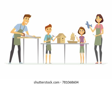 Family making handicrafts - cartoon people characters isolated illustration on white background. Happy young parents with children creating wooden birdhouse, ship and plane, working together