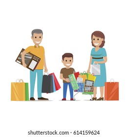 Family making holiday purchases. Pleased parents with son standing with bought goods in paper bags and trolley flat vector isolated on white. Happy customers illustration for shopping and sale concept