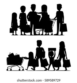 Family making holiday purchases silhouettes set. Parents with kids walking and standing with bought goods in trolley and bags isolated vector. Customers illustration for shopping and sale concept