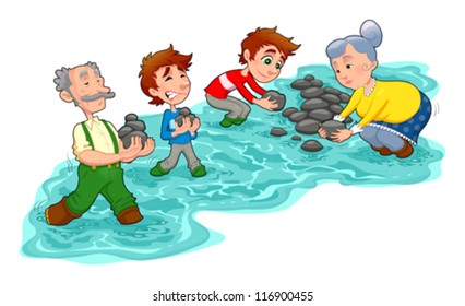 Family is making a little dam with stones.  Vector and cartoon illustration.