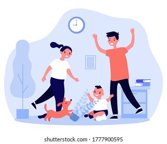 Family Making Messy At Home. Dad, Toddler Son And Dog Playing At Home, Mother Upset About Chaos Flat Vector Illustration. Parenthood, Child Care Concept For Banner, Website Design Or Landing Web Page