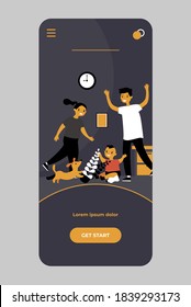 Family Making Messy At Home. Dad, Toddler Son And Dog Playing At Home, Mother Upset About Chaos Flat Vector Illustration. Parenthood, Child Care Concept For Banner, Website Design Or Landing Web Page