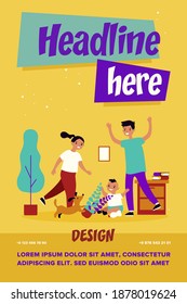 Family Making Messy At Home. Dad, Toddler Son And Dog Playing At Home, Mother Upset About Chaos Flat Vector Illustration. Parenthood, Child Care Concept For Banner, Website Design Or Landing Web Page