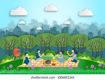 Family making picnic on city park outdoor. Dad,mom,son and daughter are resting in nature. the park was built on the outskirts. in spring flowers season. vector paper art and craft style.