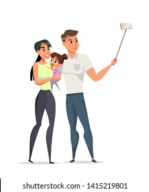 Family making selfie flat vector illustration. Young mother and father with little daughter cartoon characters. Happy parents with child on white background.